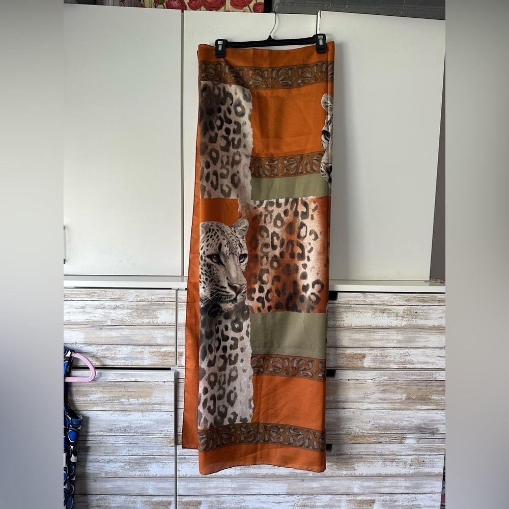 🐆 Leopard Print scarf. Orange Brown Satin Feel Statement